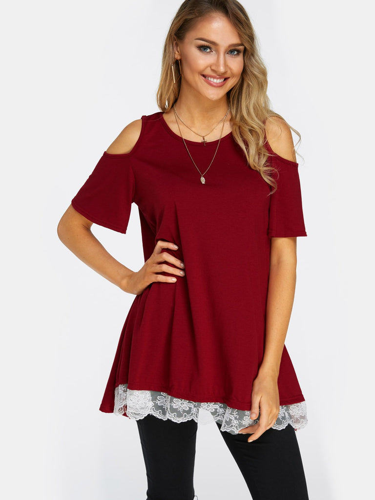 Round Neck Cold Shoulder Short Sleeve Lace Irregular Hem Shirt Dress