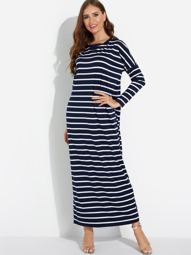 Black Round Neck Long Sleeve Stripe Maxi Dress