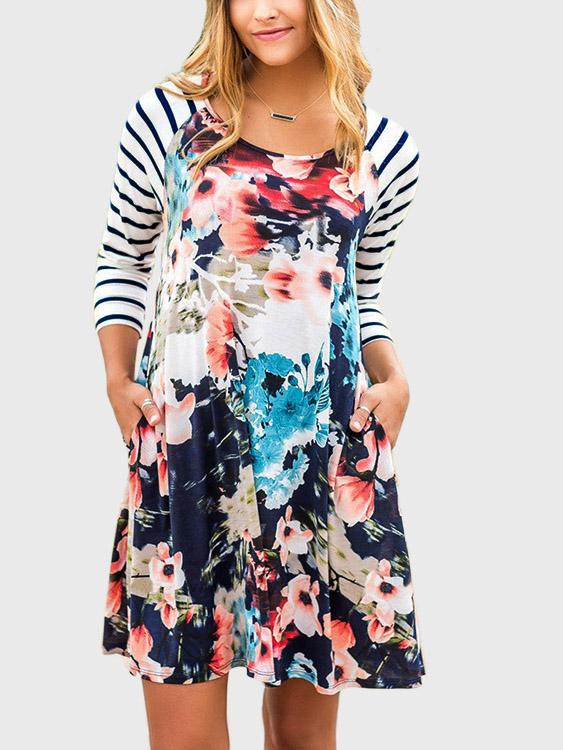 Navy Round Neck Long Sleeve Stripe Floral Print Dresses