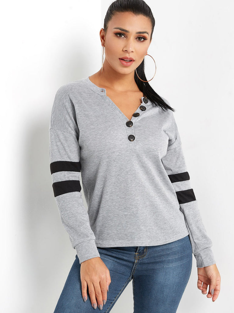 V-Neck Stripe Long Sleeve T-Shirts