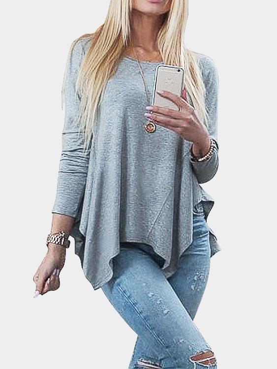 Round Neck Lace Pleated Long Sleeve Irregular Hem Grey T-Shirts