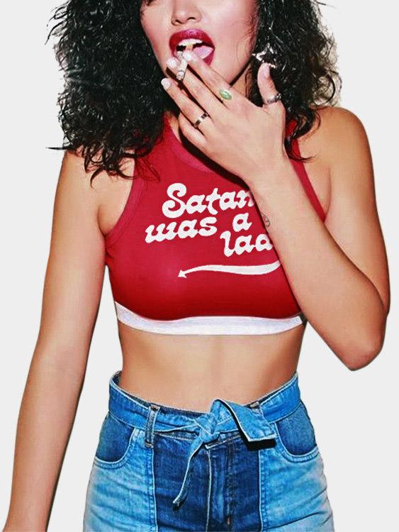 Roll Neck Letter Sleeveless Red Camis