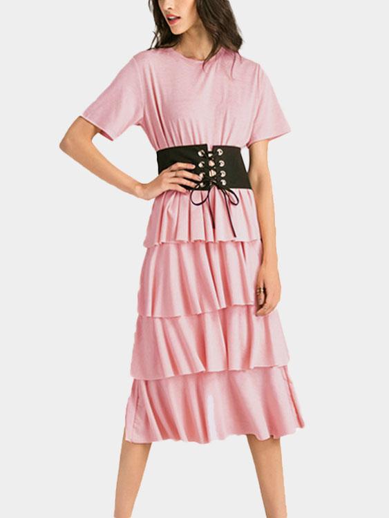 Pink Round Neck Short Sleeve Shirt Dress