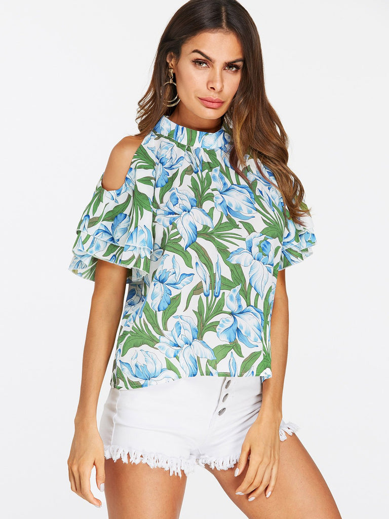 Cold Shoulder Floral Print Short Sleeve T-Shirts
