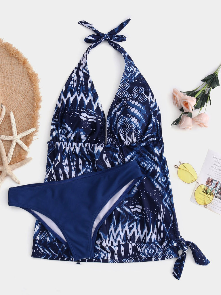 Blue Halter Tribal Print Backless Lace-Up Bikinis