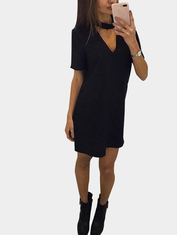 Black Round Neck V-Neck Short Sleeve Zip Back Cut Out Mini Dress