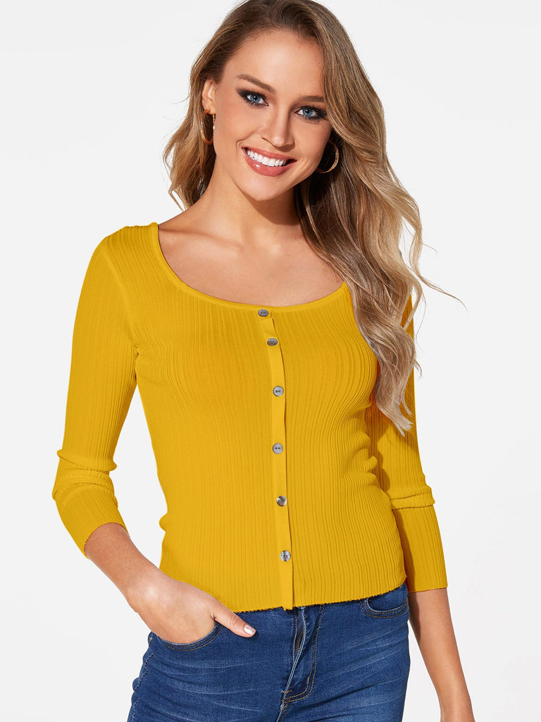 Scoop Neck Plain 3/4 Sleeve Yellow T-Shirts