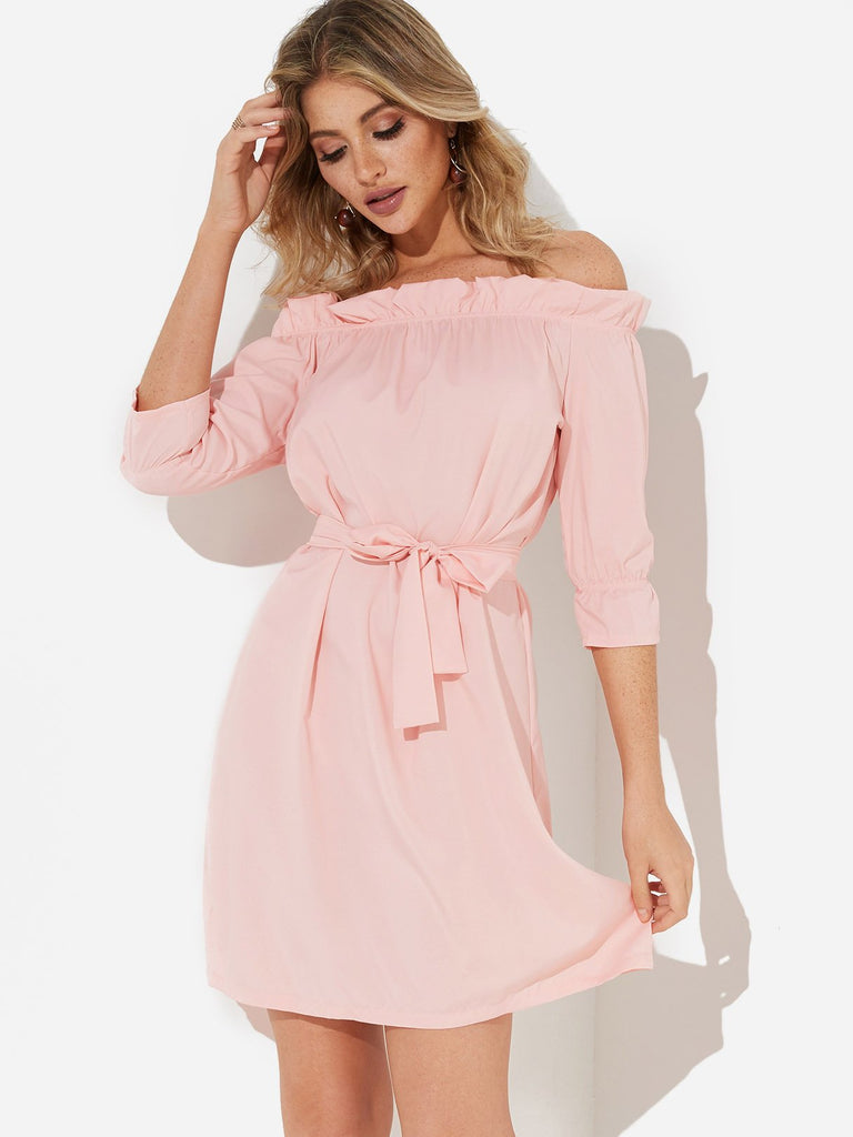Pink Off The Shoulder 3/4 Length Sleeve Plain Self-Tie Dresses