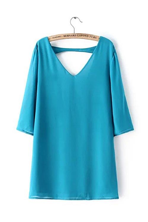 Blue V-Neck 3/4 Length Sleeve Mini Dress