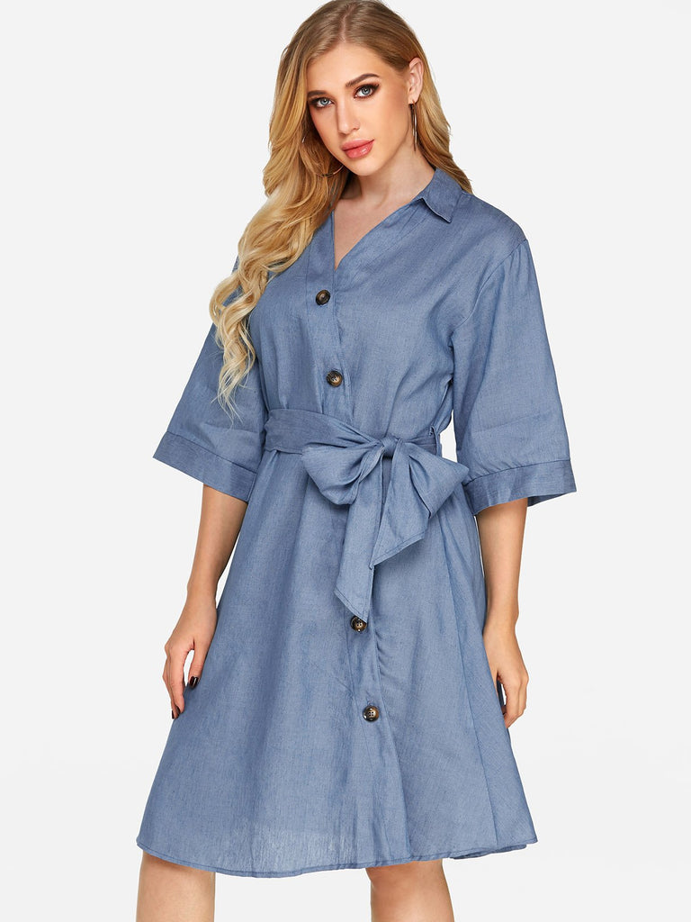 V-Neck 3/4 Sleeve Length Lace-Up Casual Dresses