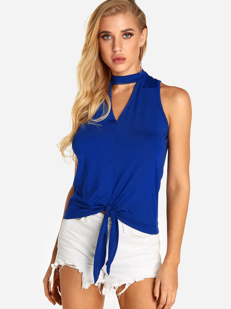 Blue Halter Sleeveless Plain Cut Out Camis