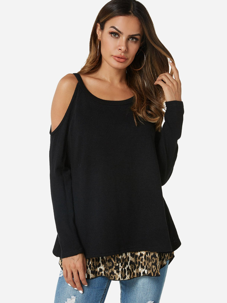 Scoop Neck Cold Shoulder Leopard Long Sleeve T-Shirts