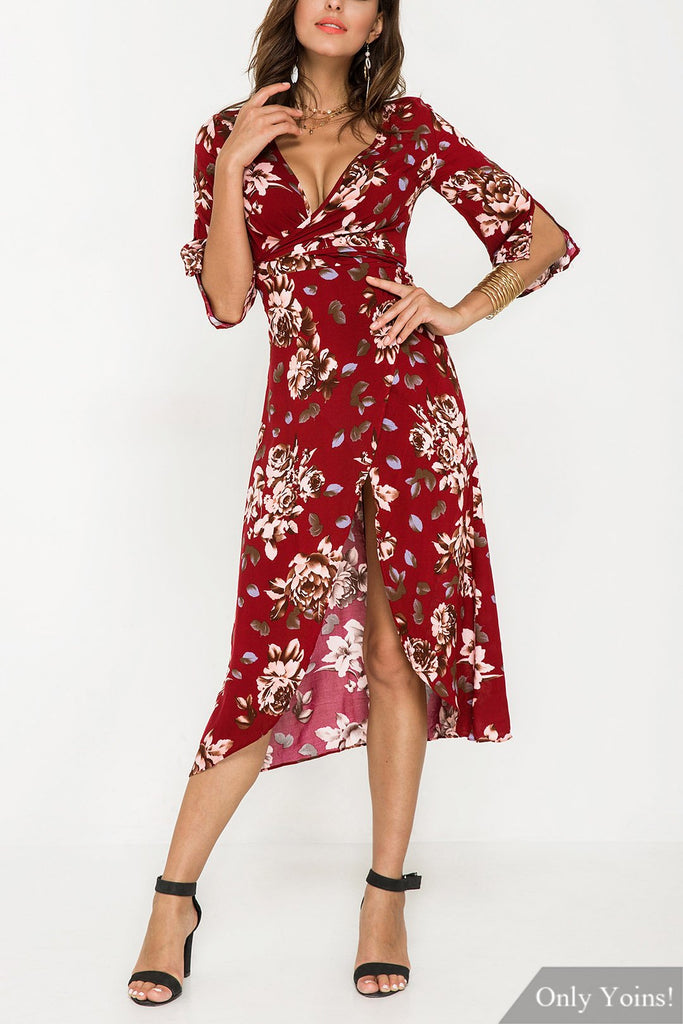 Burgundy V-Neck Half Sleeve Floral Print Crossed Front Wrap Slit Hem Maxi Dresses
