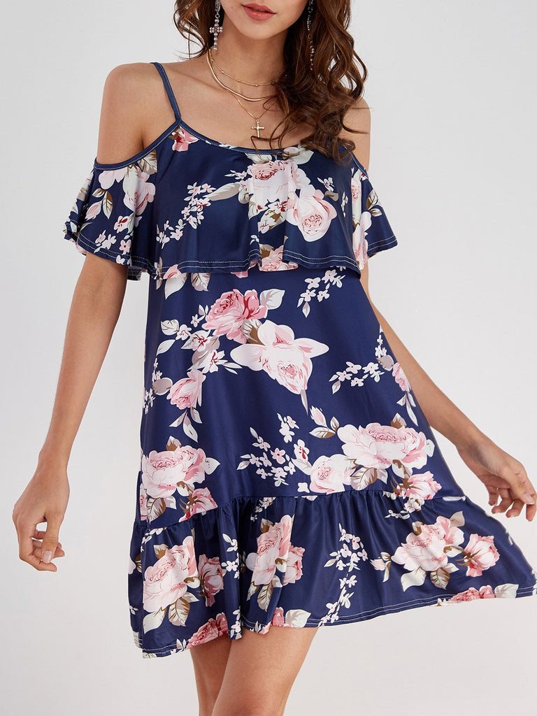 Round Neck Cold Shoulder Short Sleeve Ruffle Hem Dresses