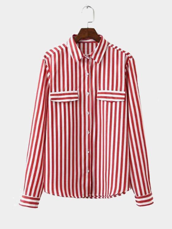 Stripe Long Sleeve Red Blouses