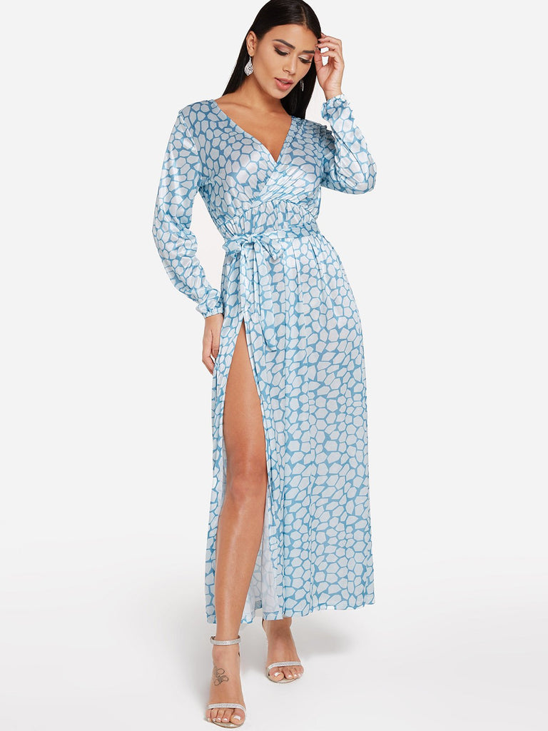 Blue V-Neck Long Sleeve Geometrical Self-Tie Slit Hem Maxi Dress