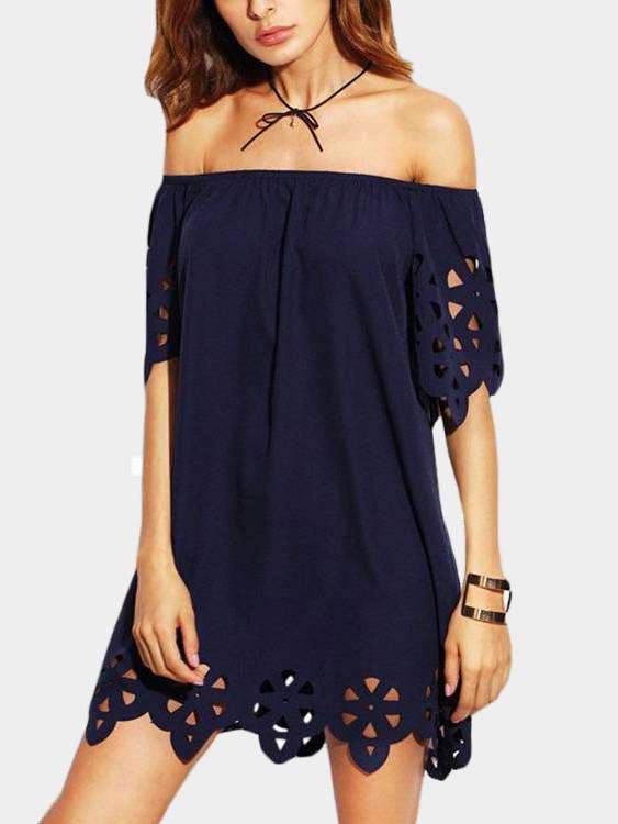 Navy Off The Shoulder Short Sleeve Hollow Irregular Hem Mini Dress