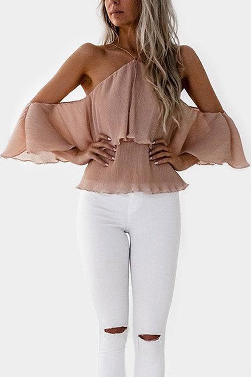 Halter Cold Shoulder Plain 3/4 Length Sleeve Flounced Hem Apricot Blouses