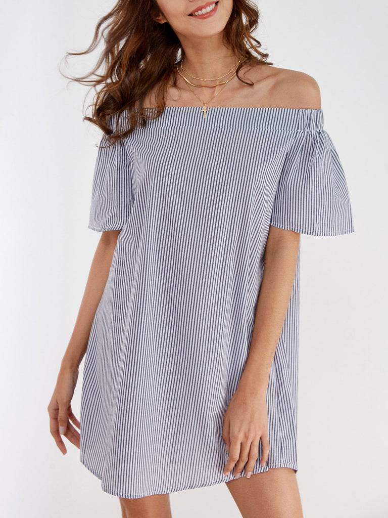 Navy Off The Shoulder Short Sleeve Stripe Mini Dresses