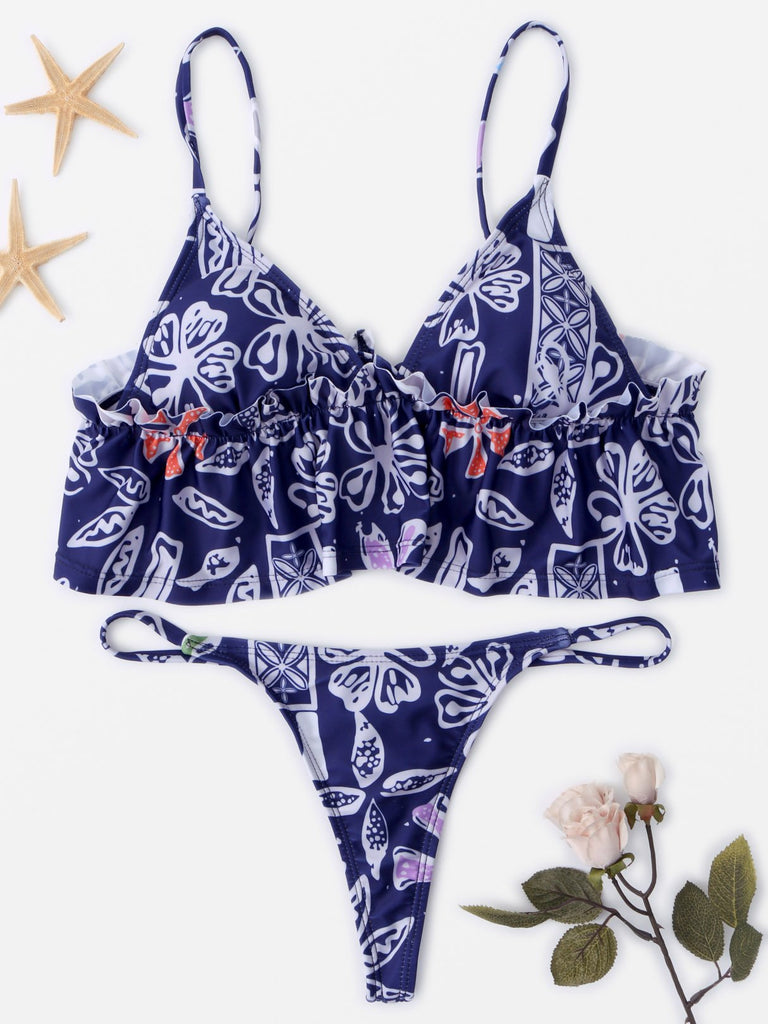 V-Neck Floral Print Tie-Up Bikini
