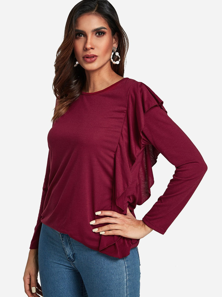 Round Neck Long Sleeve Burgundy Top