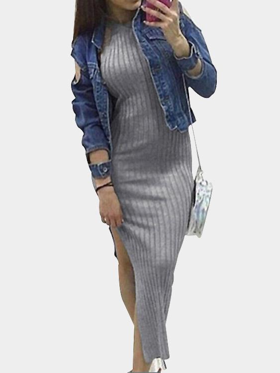 Grey Halter Sleeveless Slit Irregular Hem Dresses