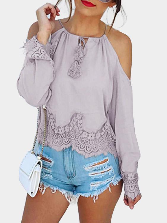 Round Neck Lace Long Sleeve Light Purple Blouses