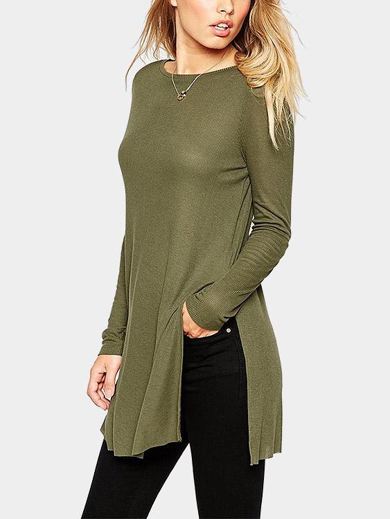 Round Neck Long Sleeve Army Green T-Shirts