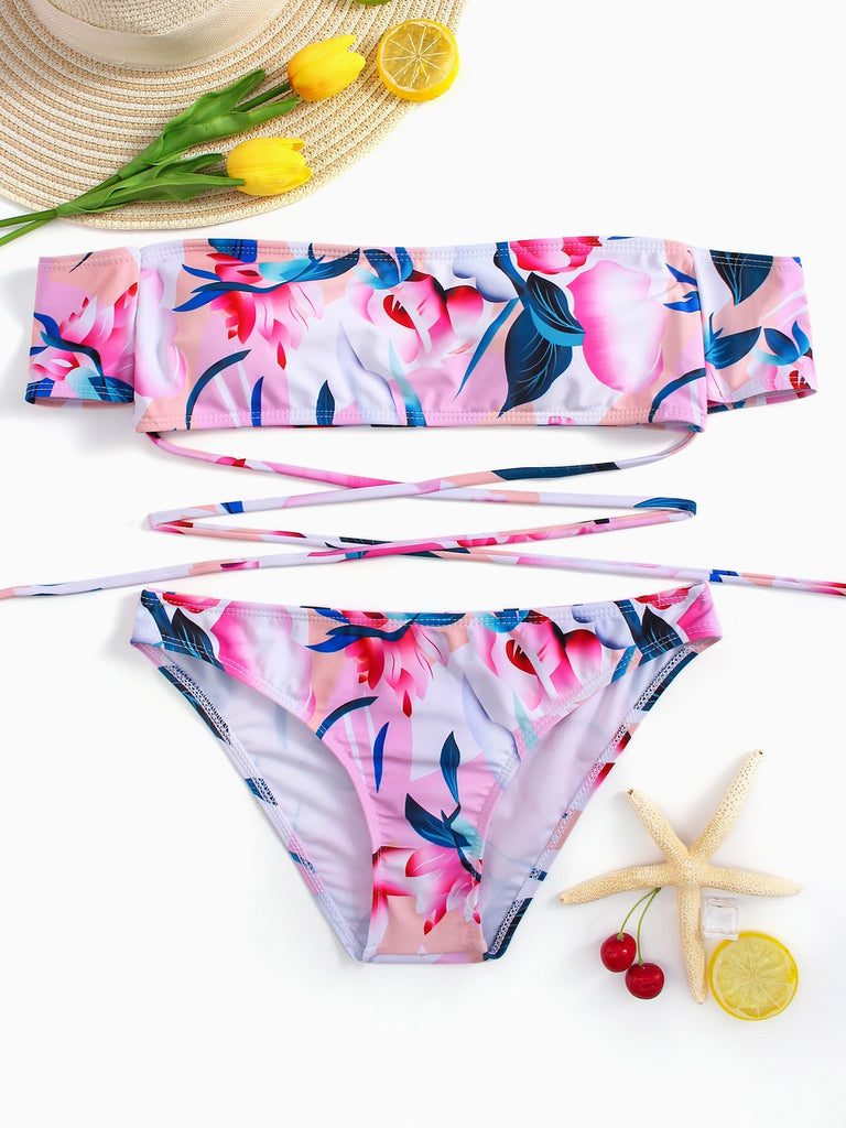 Off The Shoulder Short Sleeve Floral Print 2 Piece Bikinis