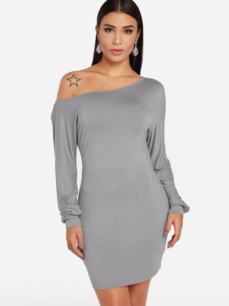 Grey One Shoulder Long Sleeve Plain Fashion Mini Dress