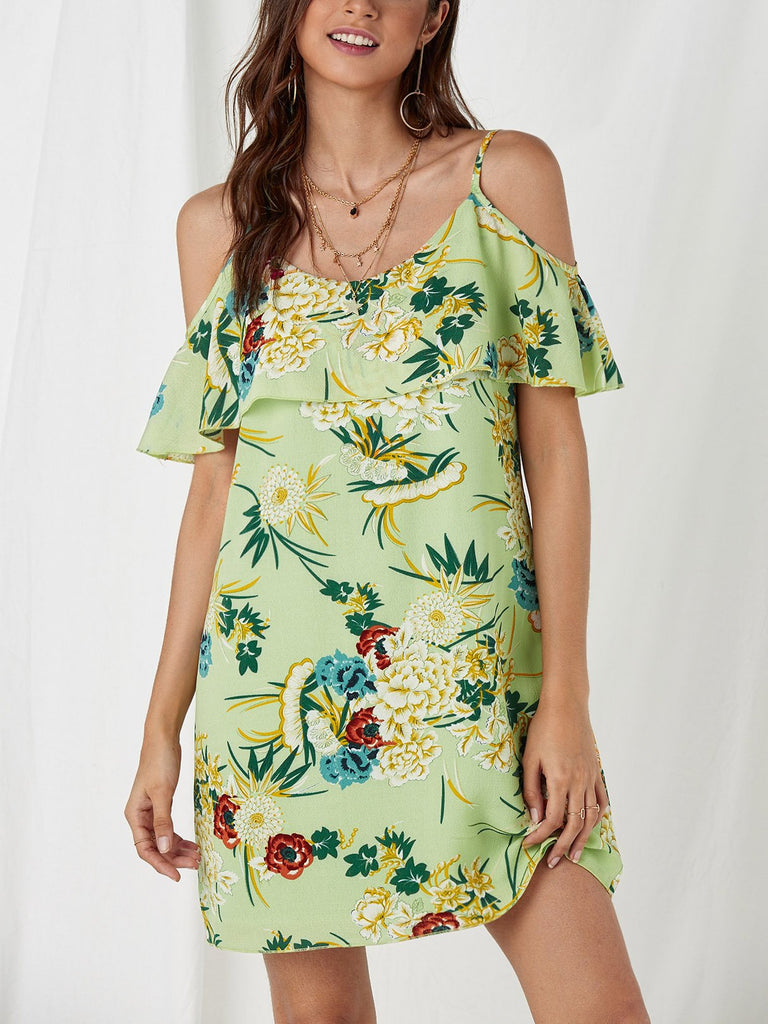 Green Cold Shoulder Sleeveless Floral Print Spaghetti Strap Dresses