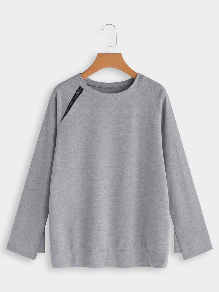 Crew Neck Plain Zip Back Long Sleeve Grey T-Shirts