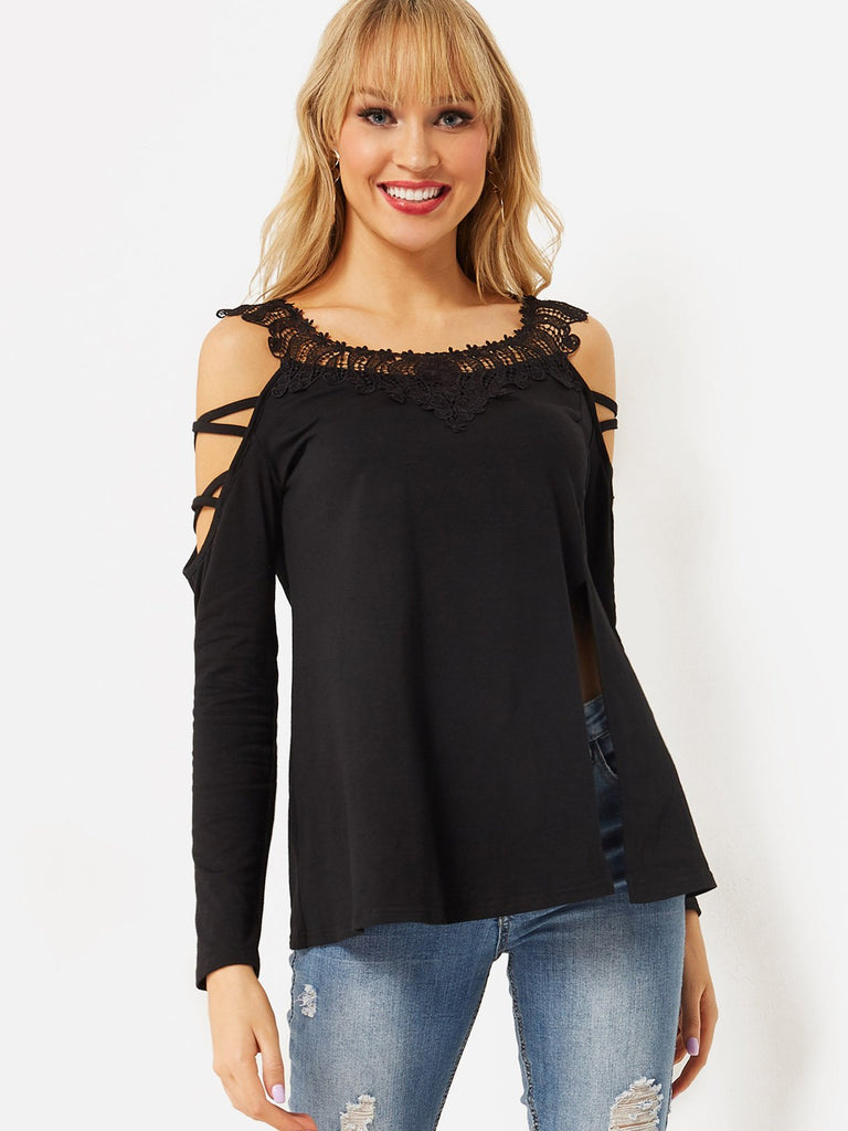 Crew Neck Cold Shoulder Plain Lace Lace-Up Long Sleeve Slit Hem Black T-Shirts