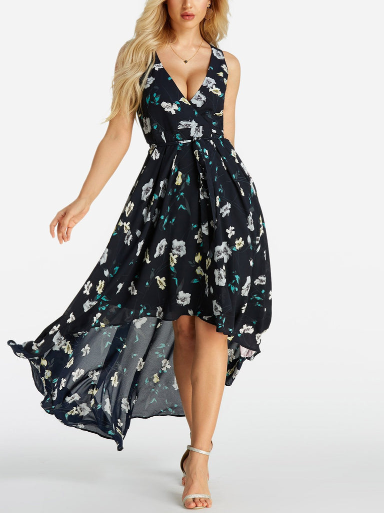 Navy V-Neck Sleeveless Floral Print Self-Tie Wrap High-Low Hem Maxi Dress