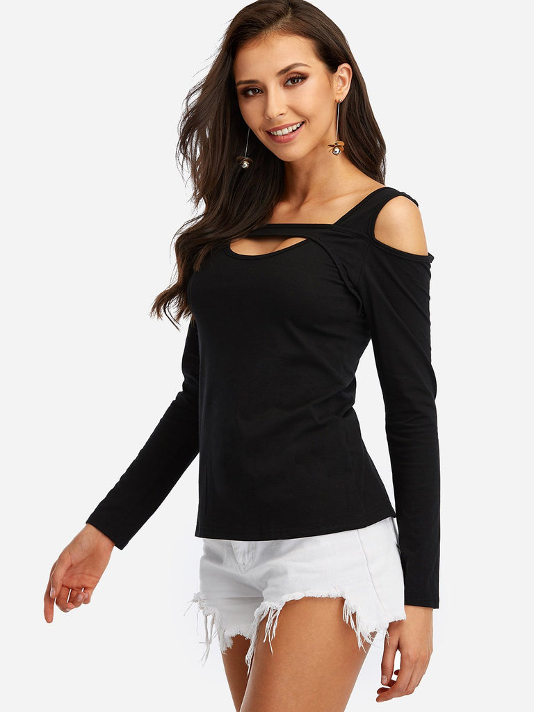 Cold Shoulder Long Sleeve Black T-Shirts