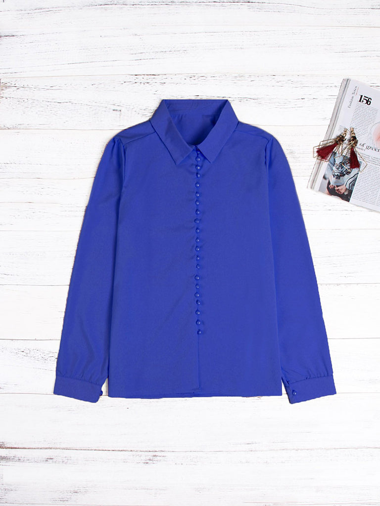 Lapel Collar Long Sleeve Blue Blouses