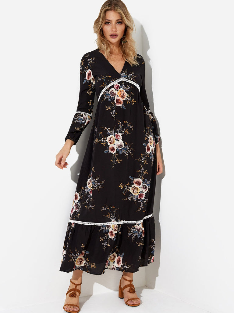 Black V-Neck Long Sleeve Floral Print Flounced Hem Dresses