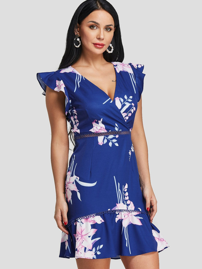 Navy V-Neck Sleeveless Floral Print Hollow Flounced Hem Dresses