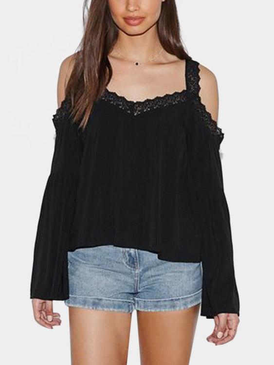 Cold Shoulder Lace Long Sleeve Black Top