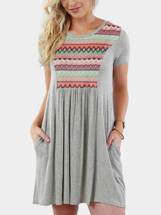 Grey Round Neck Short Sleeve Wave Mini Dress