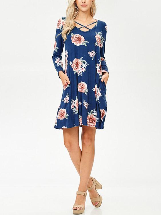 Blue V-Neck Long Sleeve Floral Print Mini Dresses