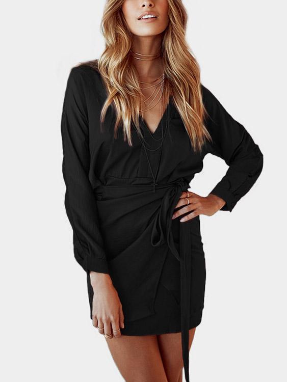 Black Self-Tie V-Neck Long Sleeve Mini Dress