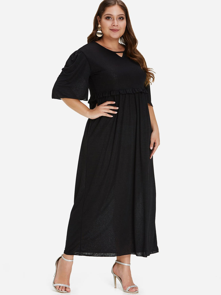 V-Neck Plain Pleated Ruffle Trim Half Sleeve Plus Size Dress