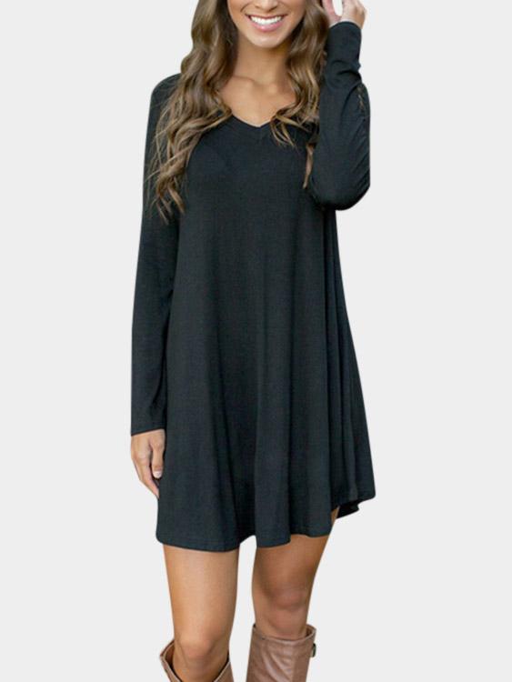 Black V-Neck Long Sleeve Plain Fashion Mini Dress