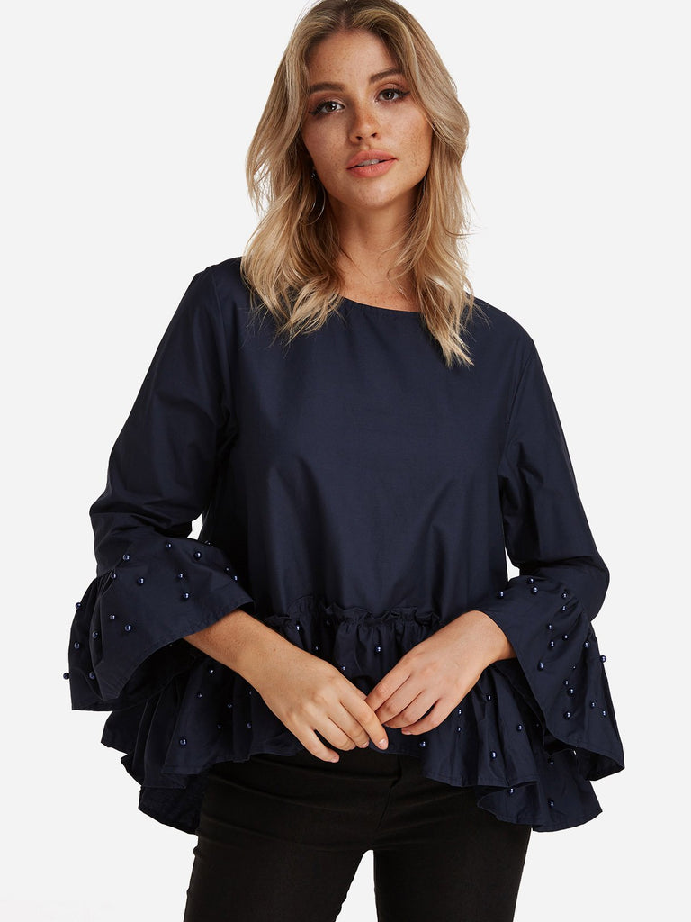 Round Neck Long Sleeve Irregular Hem Navy Blouses