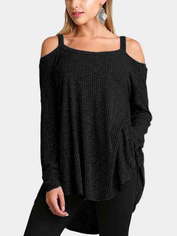 Cold Shoulder Plain Cable Knit Long Sleeve Irregular Hem Black Top