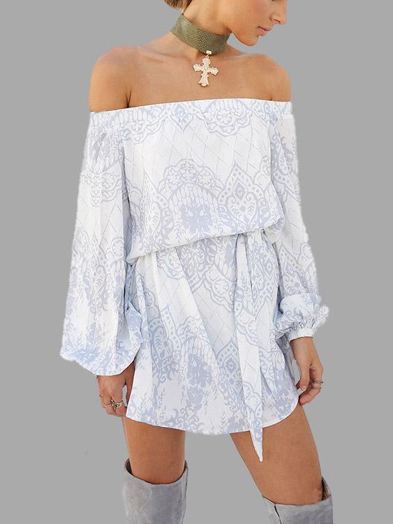 Off The Shoulder Long Sleeve Floral Print Dress