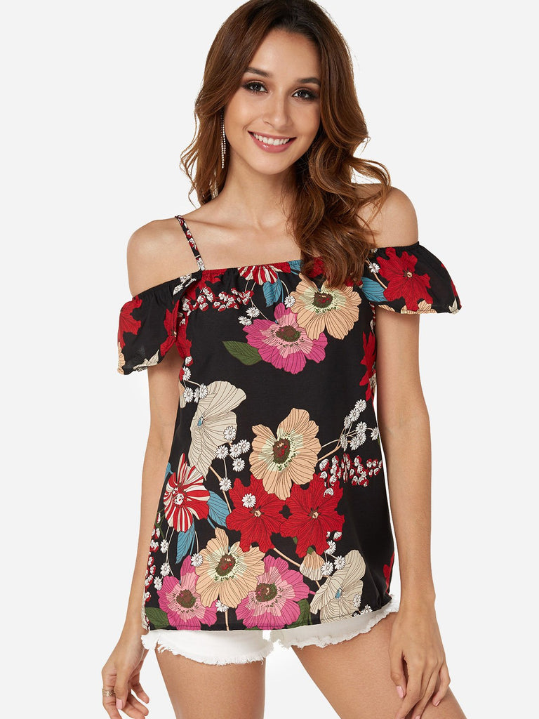 Cold Shoulder Floral Print Short Sleeve Top