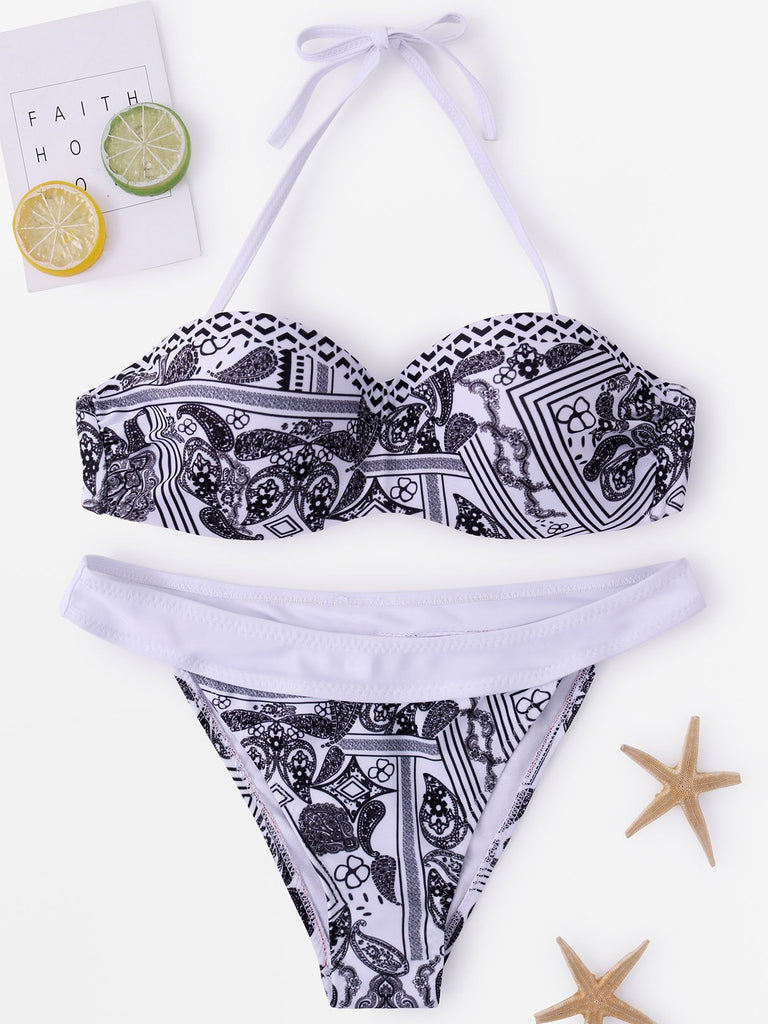 Black Tube Top Sleeveless Printed Tie-Up Two Piece Bikinis