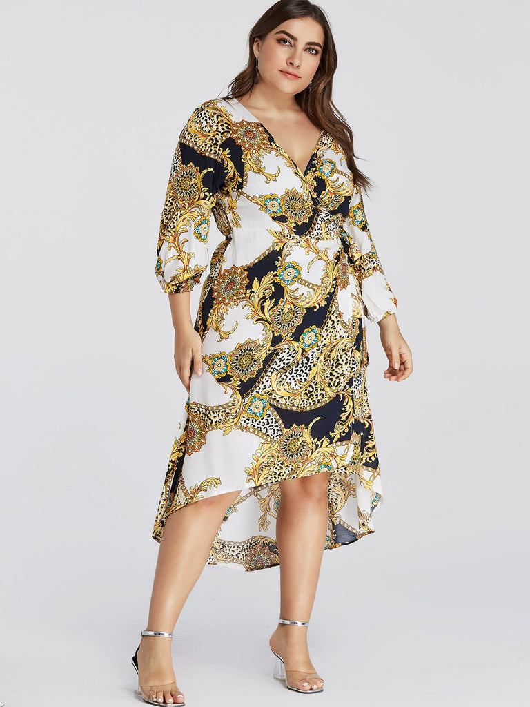 V-Neck Scarf Print Self-Tie Wrap 3/4 Sleeve High-Low Hem Plus Size Dress